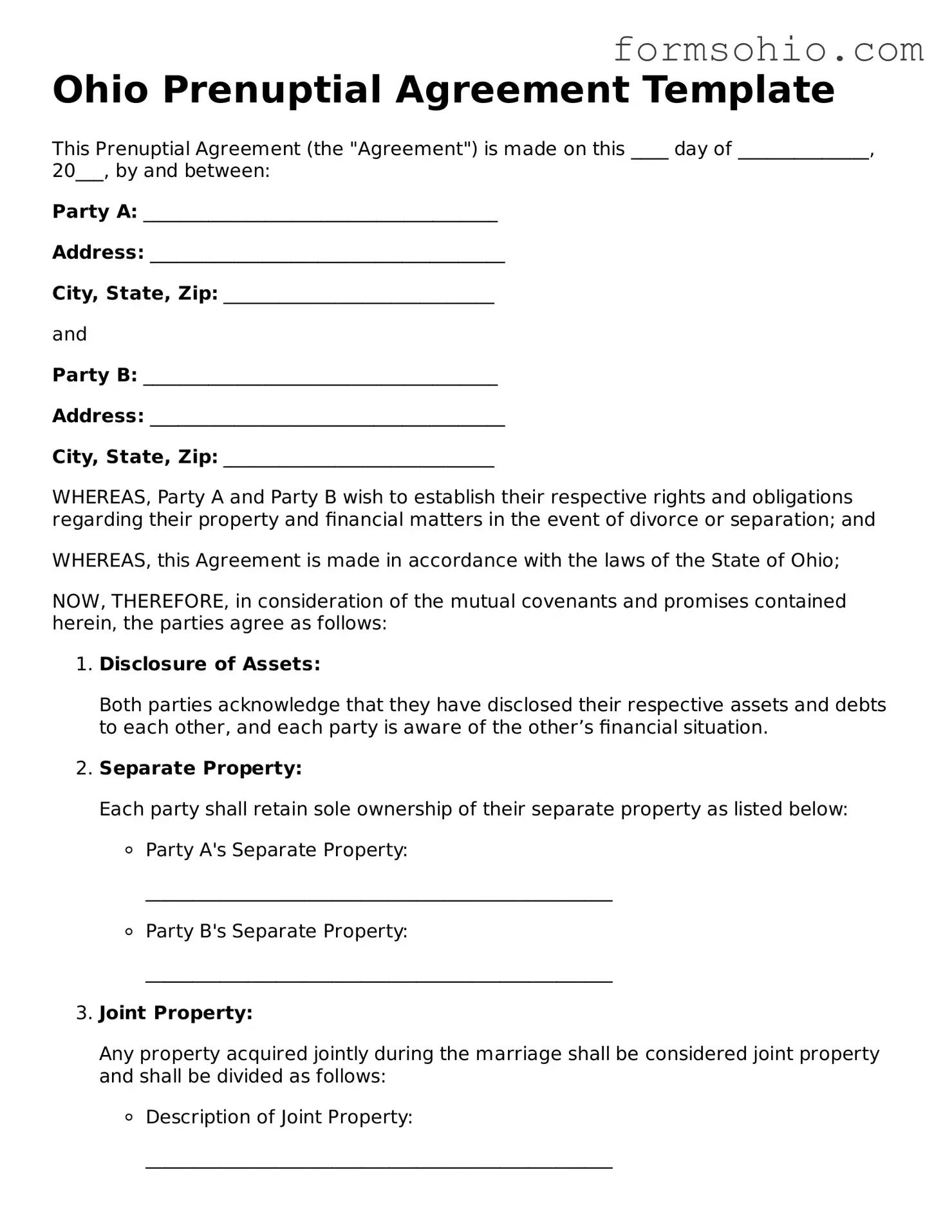Printable Prenuptial Agreement Template for the State of Ohio