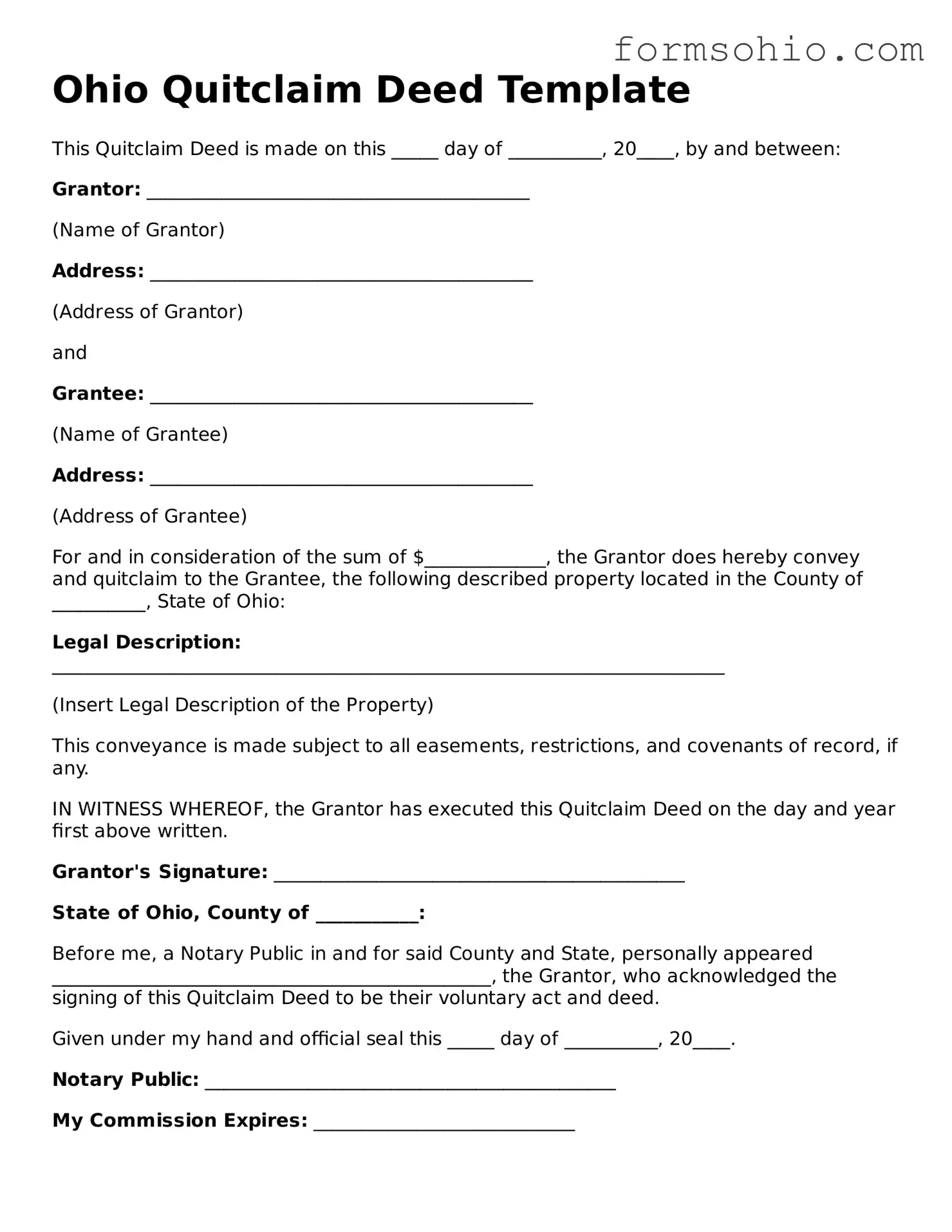 Printable Quitclaim Deed Template for the State of Ohio
