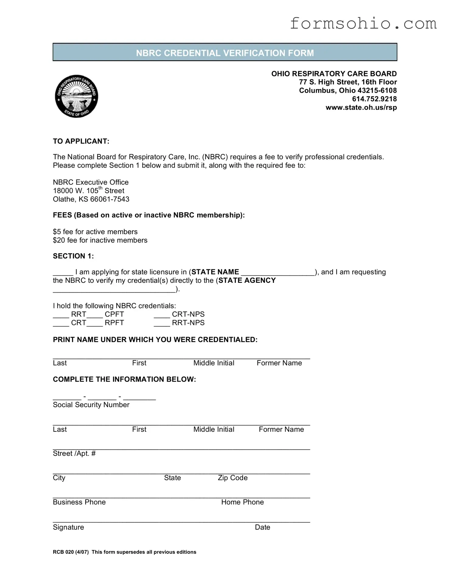 Fill a Valid Ohio Rcb 020 Form