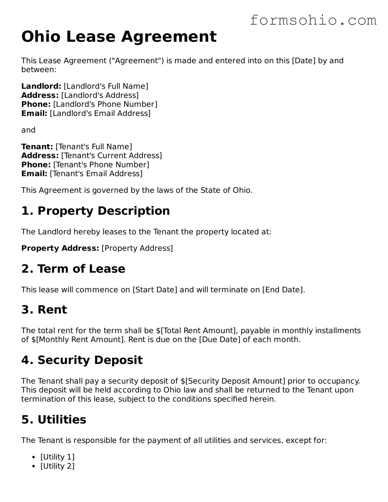 Printable Lease Agreement Template for the State of Ohio