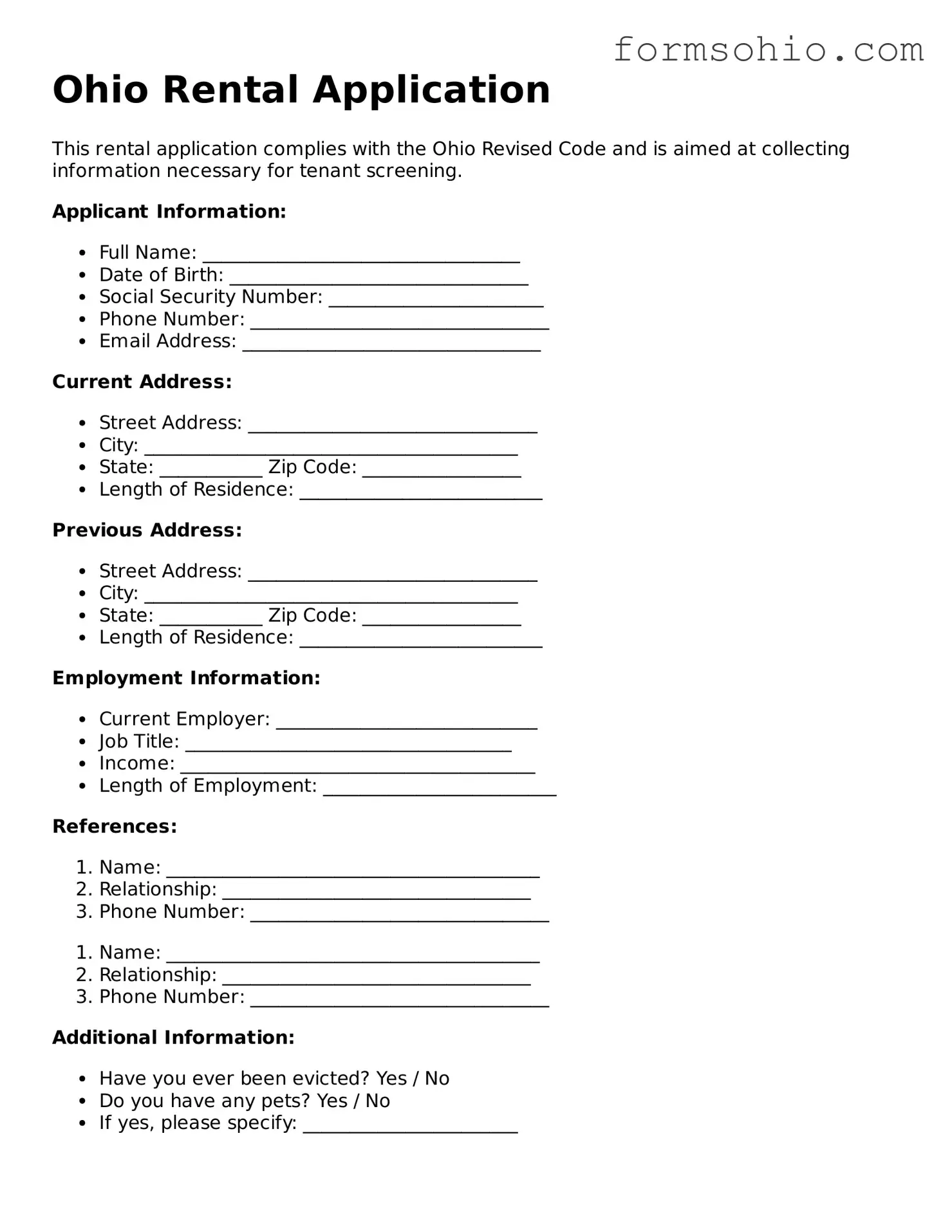 Printable Rental Application Template for the State of Ohio