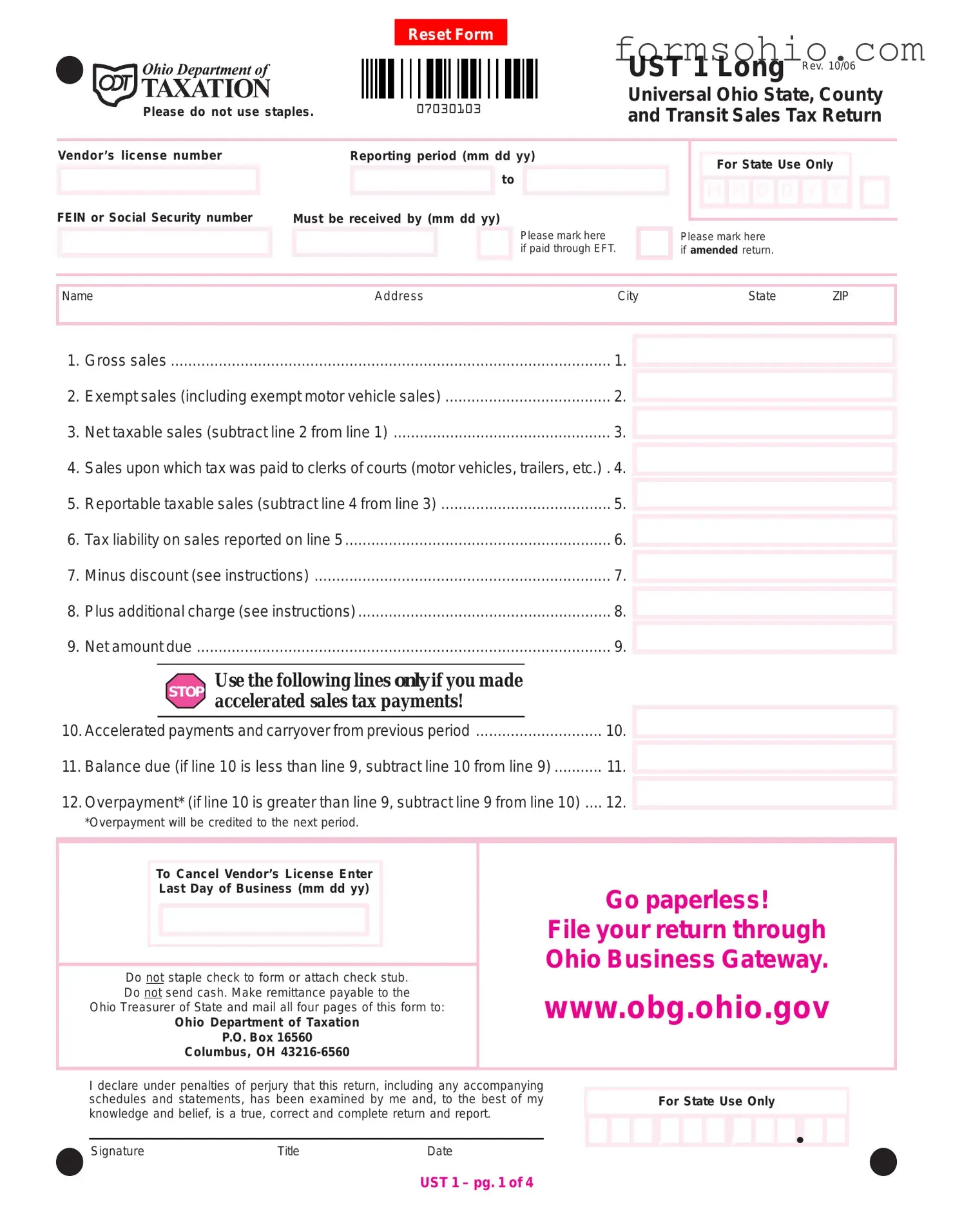 Fill a Valid Ohio Sales Tax Ust 1 Form