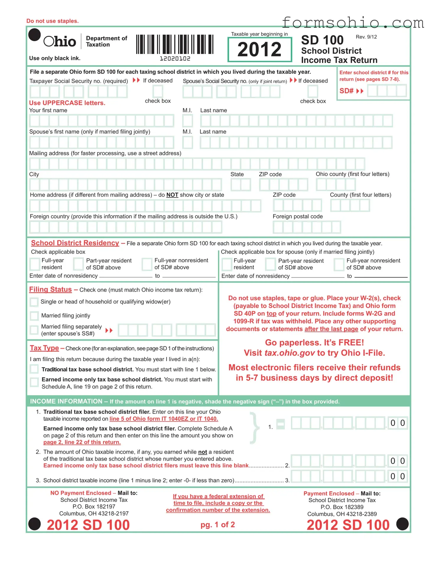 Fill a Valid Ohio Sd 100 Form