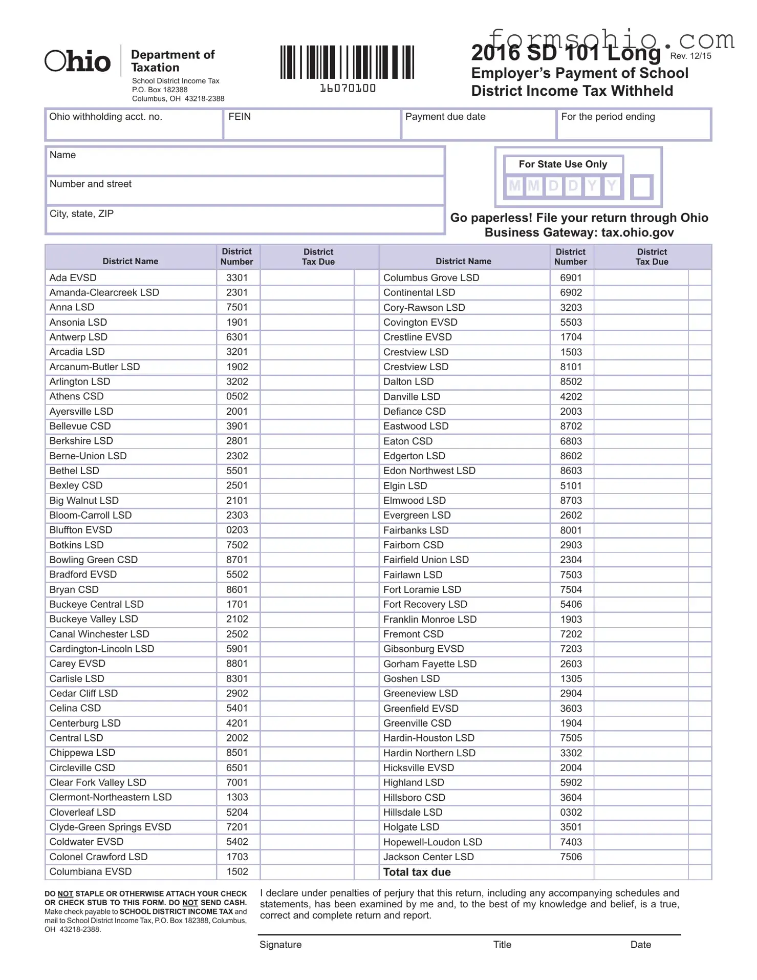 Fill a Valid Ohio Sd 101 Form