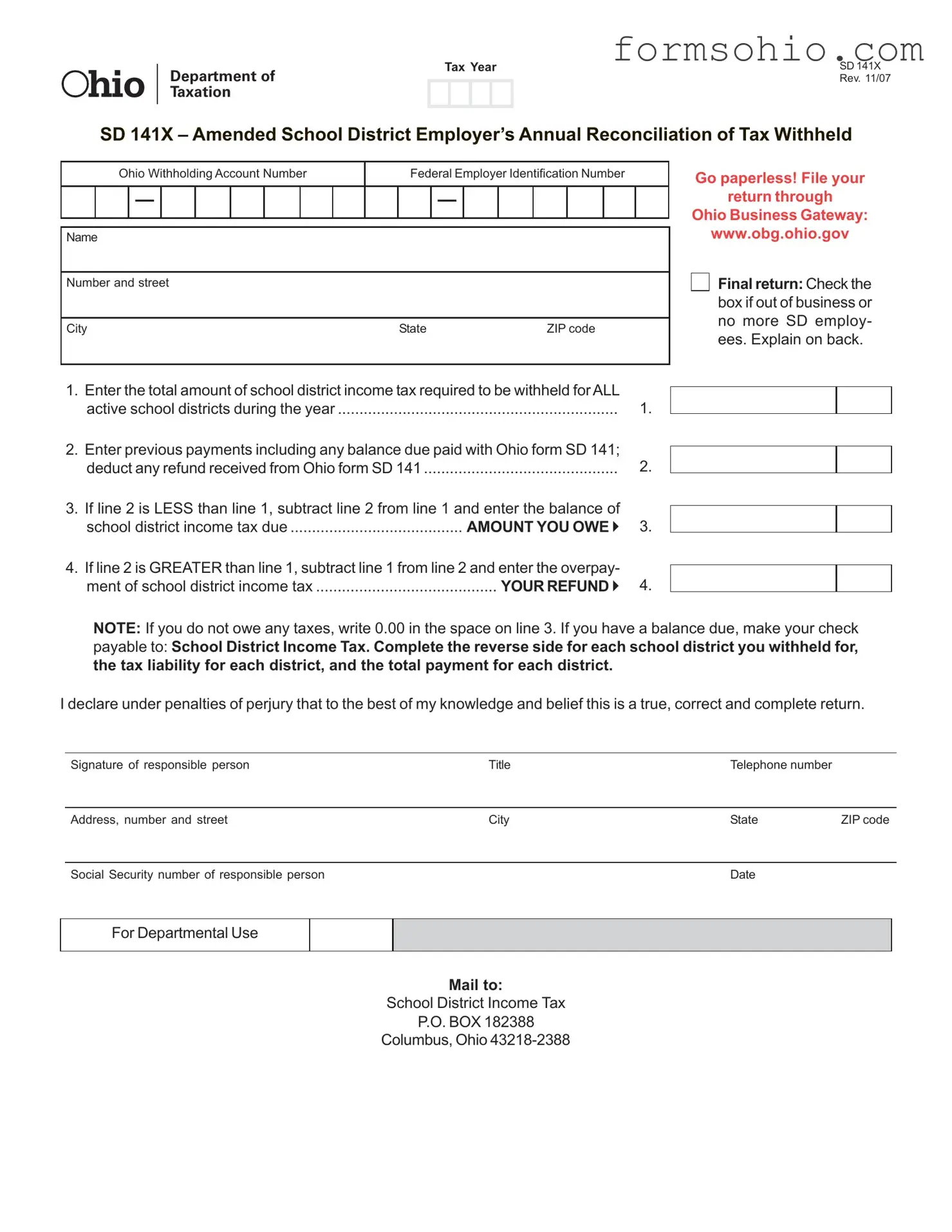 Fill a Valid Ohio Sd 141X Form