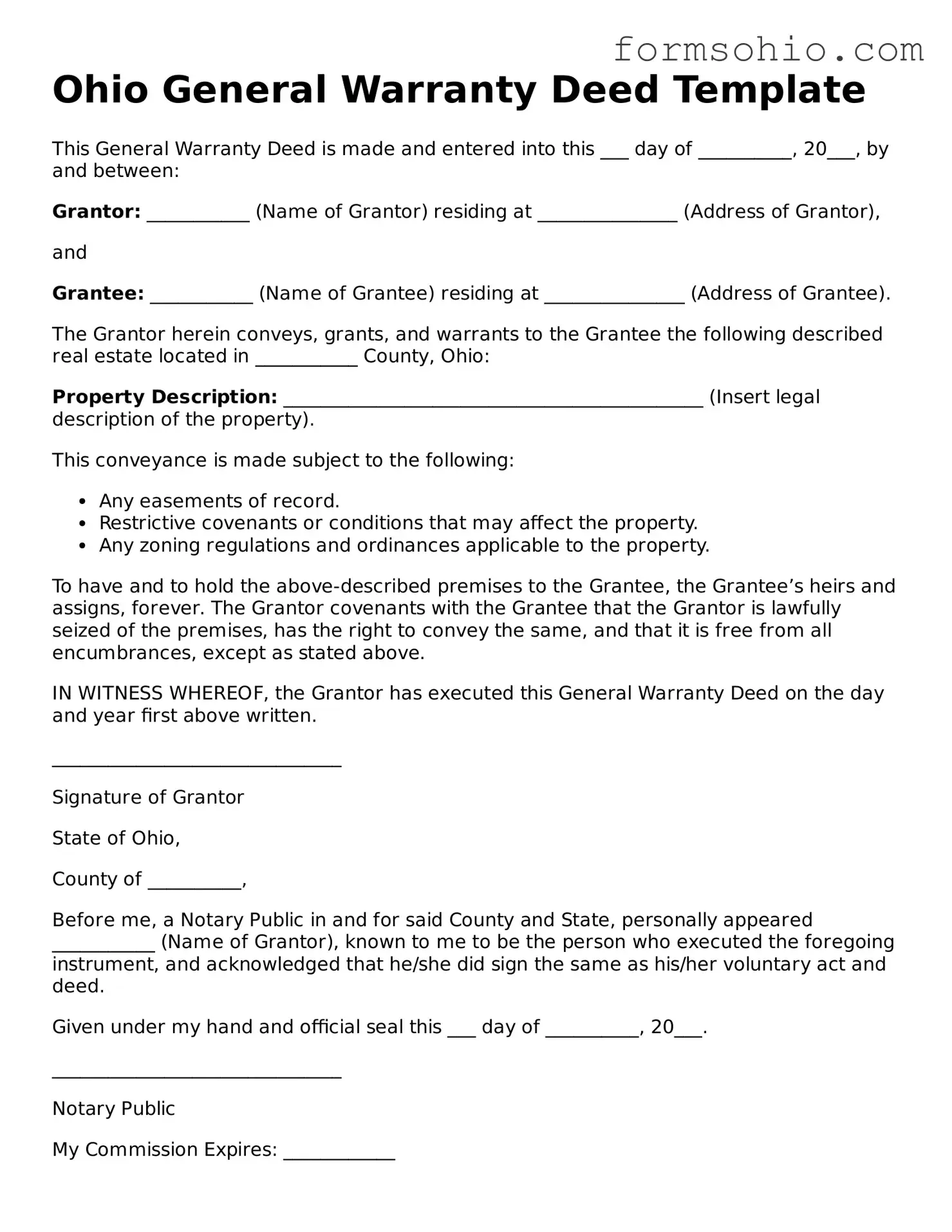 Printable Deed Template for the State of Ohio