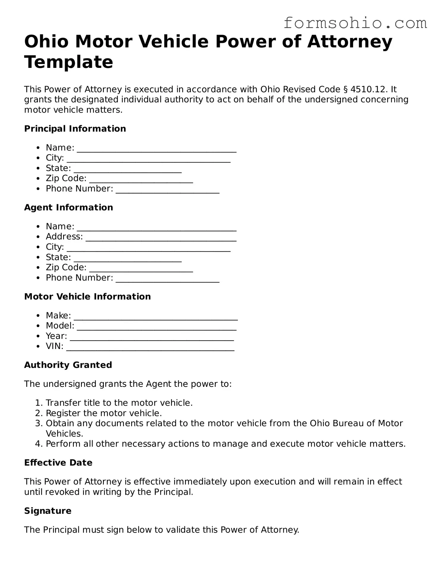 Printable Motor Vehicle Power of Attorney Template for the State of Ohio