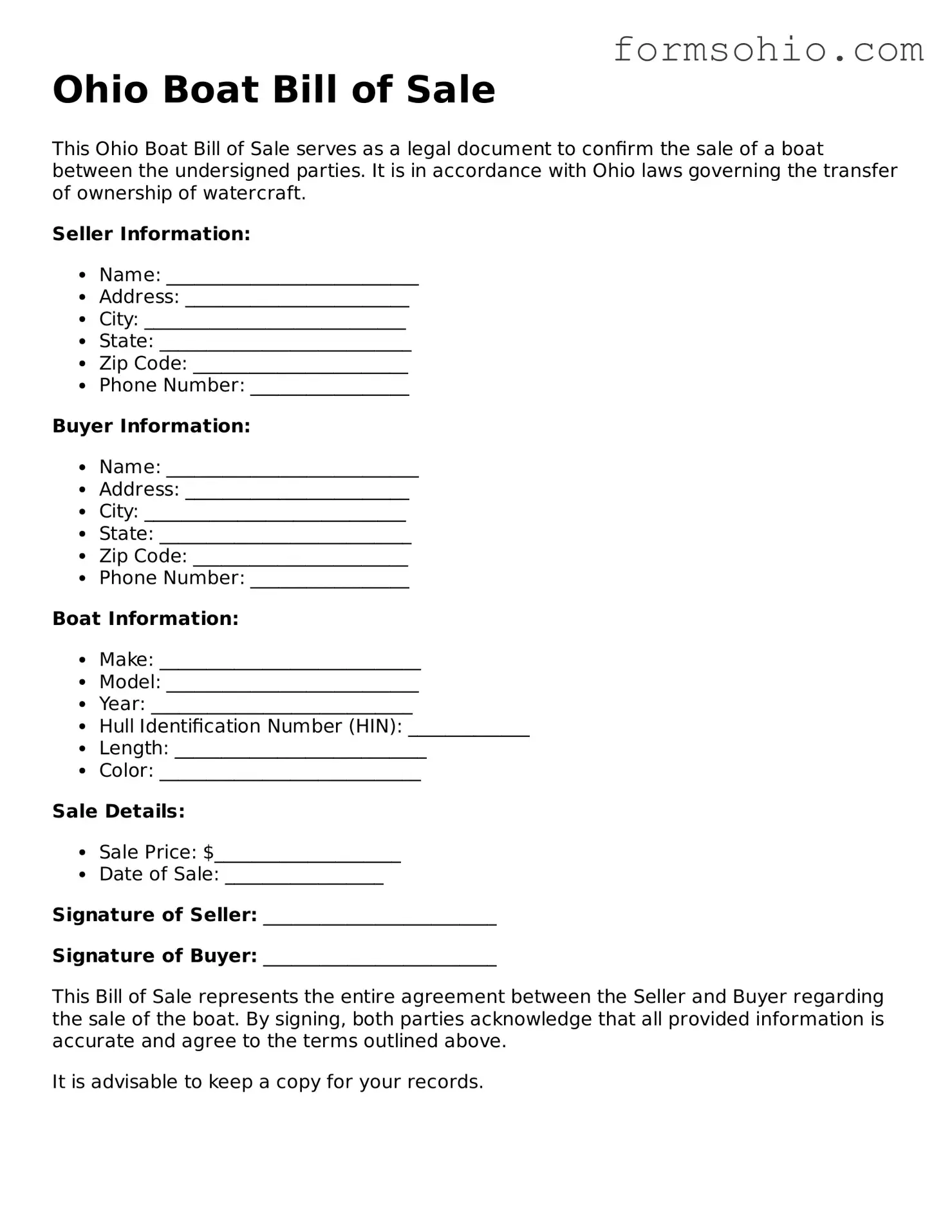 Printable Boat Bill of Sale Template for the State of Ohio