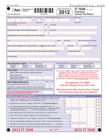 Fill a Valid It 1040 Ohio Form