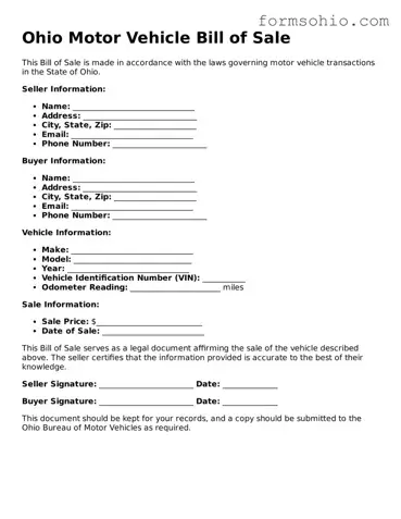 Printable Motor Vehicle Bill of Sale Template for the State of Ohio