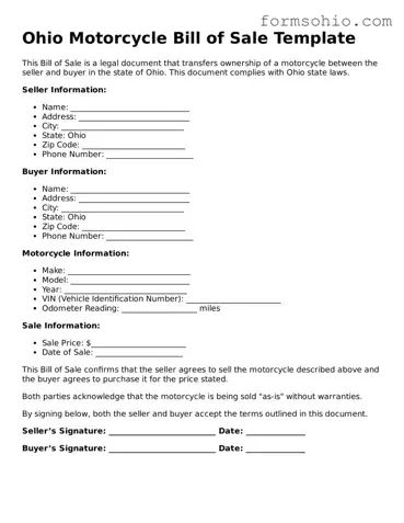 Printable Motorcycle Bill of Sale Template for the State of Ohio