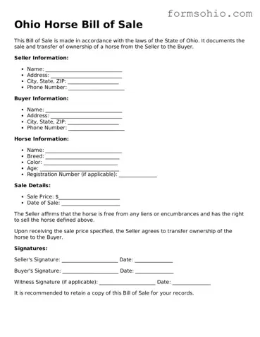 Printable Horse Bill of Sale Template for the State of Ohio