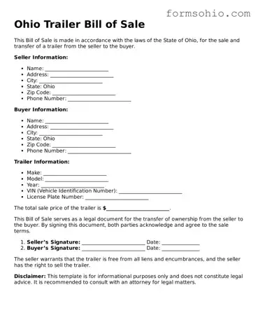 Printable Trailer Bill of Sale Template for the State of Ohio