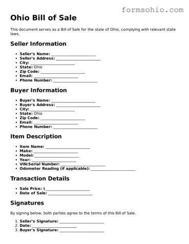 Printable Bill of Sale Template for the State of Ohio