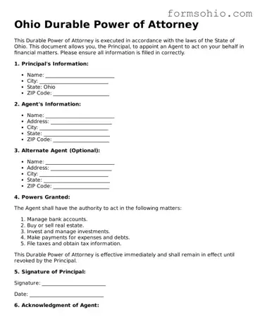 Printable Durable Power of Attorney Template for the State of Ohio