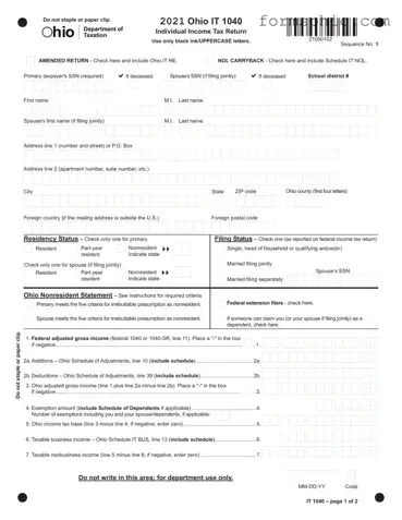 Fill a Valid Ohio It 1040 Form