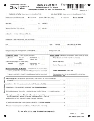 Fill a Valid Ohio It 1040Ez Form