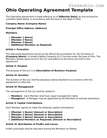 Printable Operating Agreement Template for the State of Ohio