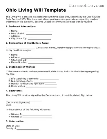 Printable Living Will Template for the State of Ohio