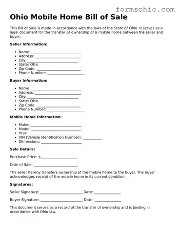 Printable Mobile Home Bill of Sale Template for the State of Ohio