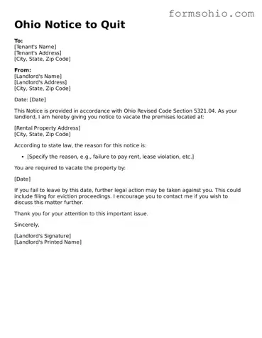 Printable Notice to Quit Template for the State of Ohio