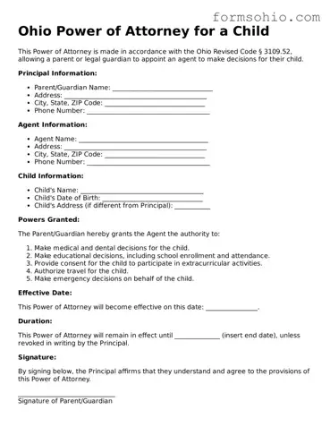 Printable Power of Attorney for a Child Template for the State of Ohio