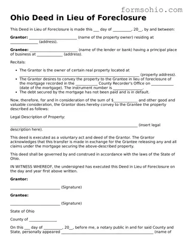 Printable Deed in Lieu of Foreclosure Template for the State of Ohio